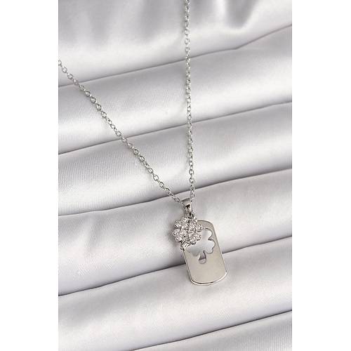 316L �elik G�m�� Renk Zincir Zirkon Ta�l� Yonca Model Kad�n Kolye