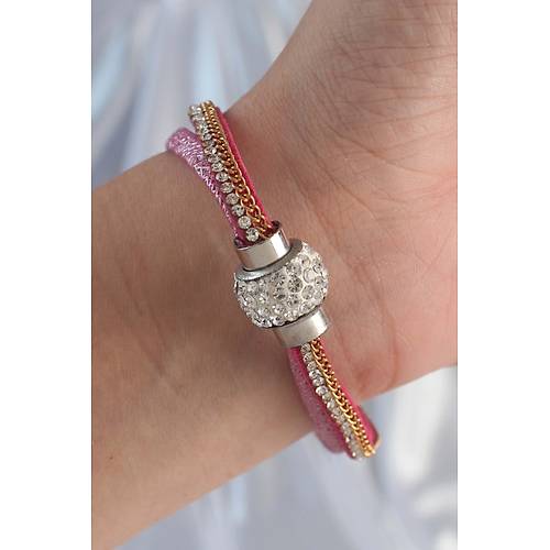 Pembe Renk Zirkon Ta�l� P�sk�l Detay Deri �oklu Bileklik