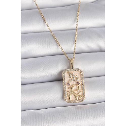 316L �elik Gold Renk Zincir O�lak Burcu Zirkon Ta�l� Kad�n Kolye