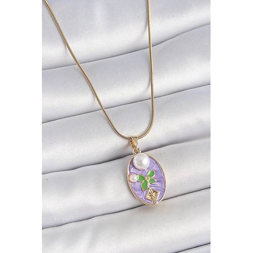 316L �elik Gold Renk Zincir Mor Mineli Oval �ncili �i�ek ��lemeli Portre Model Kad�n Kolye