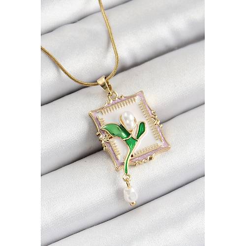 316L �elik Zincir Beyaz Sanatsal Portre Sallant�l� �nci Detayl� Lale Model Gold Renk Kad�n Kolye