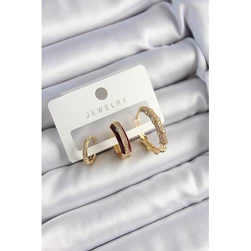 Pirin� Zirkon Ta�l� Bordo Halka Model Gold Renk 3'l� �ift Kad�n K�pe Set