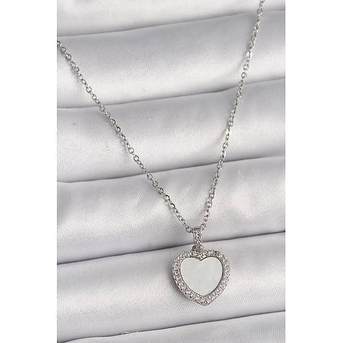 316L �elik G�m�� Renk Zincir Zirkon Ta�l� Beyaz Mineli Kalp Model Kad�n Kolye