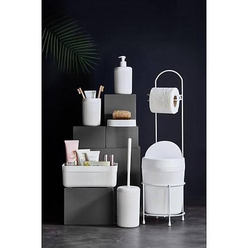 7 Par�a Beyaz Banyo Seti Metal Stantl� Koval� Wc Ka��tl�k Kozmetik Kutusu Di� F�r�al�k Ve Sabunlukla