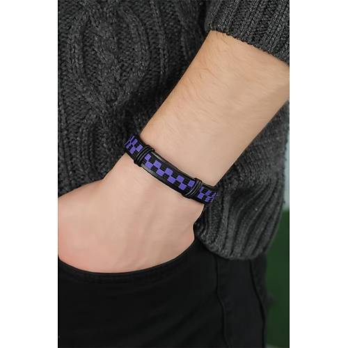 Mor Renk Damal� Deri Erkek Bileklik