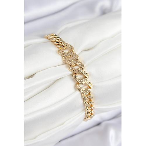Pirin� Zirkon Ta�l� Ezme K�ba Zincir Model Gold Renk Kad�n Bileklik