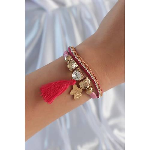 Pembe Renk Zirkon Ta�l� P�sk�l Detay Deri �oklu Bileklik