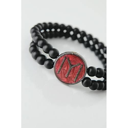 Bordo Metal �zerine F�me Kay� Boyu Fig�rl� Siyah Renk �ift S�ra Do�al Ta� Erkek Bileklik