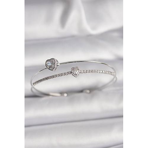 Pirin� G�m�� Renk Zirkon Ta�l� Kalp Model Kad�n Bileklik