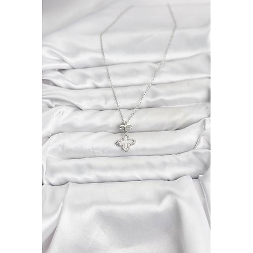 316L �elik Zincir G�m�� Renk 4 Yaprakl� Yonca Model Zirkon Ta�l� Kad�n Kolye