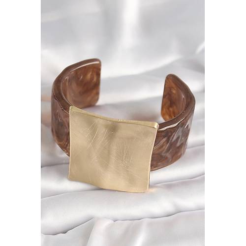 Kahverengi Mermer Desen Akrilik Plastik Gold Kare Plaka Model Vintage Kad�n Bilezik