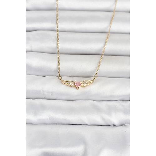 316L �elik Zincir Gold Renk Kanatl� Pembe Kalp Model Kad�n Kolye