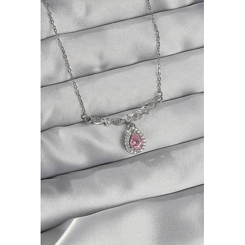 316L �elik G�m�� Renk Pembe Zirkon Ta�l� Damla Kolye