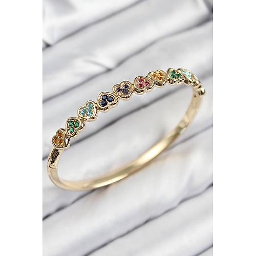 Pirin� Renkli Zirkon Ta�l� S�ral� Kalp Model Gold Renk Kad�n Kelep�e
