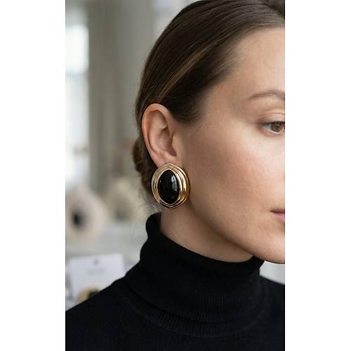 Pirin� Siyah Badem Model Vintage Gold Kad�n K�pe