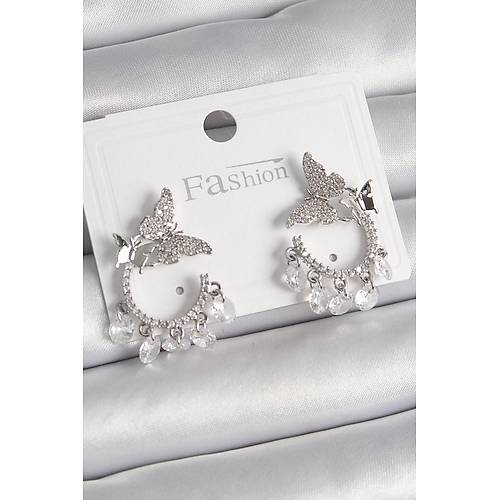 Pirin� G�m�� Renk Zirkon Ta�l� Sallant� Detay Kelebek Model Kad�n K�pe