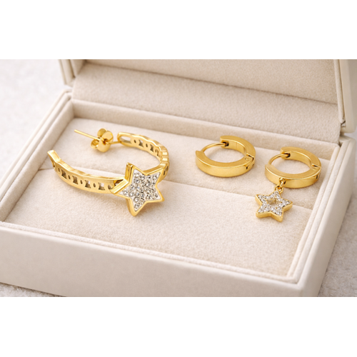 �elik Halka K�pe Seti 3�l� K�PE MODEL 6 � Y�ld�z Detayl� & Sade Mini Halka, Kararma Yapmaz, Asimetrik ��k Tasar�m