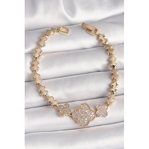 Pirin� Gold Renk Zirkon Ta�l� Yonca Model Zincir Kad�n Bileklik