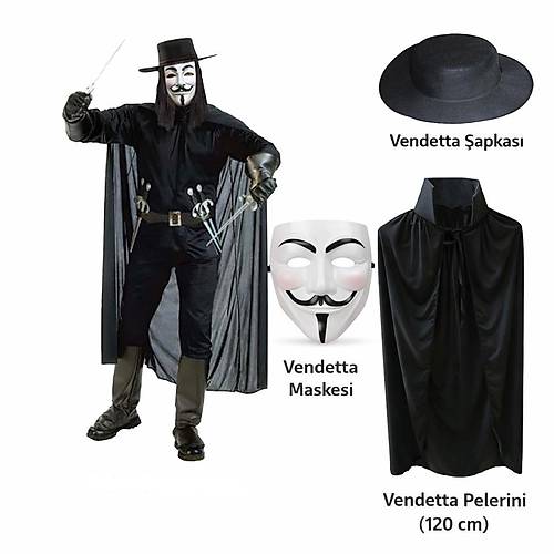 Vendetta Kost�m Seti � �apka Maske Pelerin (120 cm)