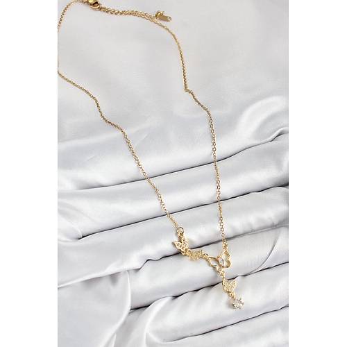 316L �elik Zirkon Ta�l� Kelebek Model Gold Renk Kad�n Kolye