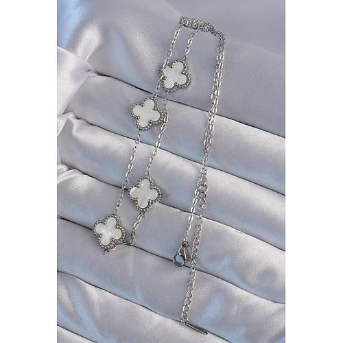 316L �elik G�m�� Renk Beyaz Sedefli Yonca Kolye