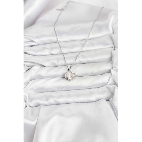 316L �elik Zincir G�m�� Renk Zirkon Ta�l� Yonca Model Kad�n Kolye