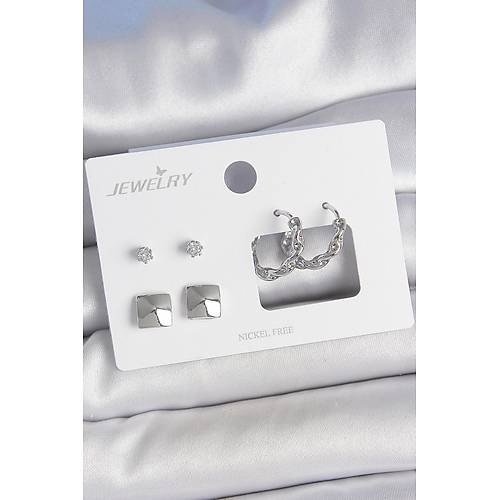 Pirin� G�m�� Renk Zirkon Ta�l� Burgu Halka Model Kare Detay 3 �ift Kad�n K�pe Seti