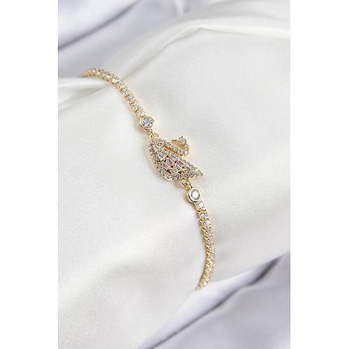 Pirin� Zirkon Ta�l� Ku�u Model Gold Renk Kad�n Bileklik
