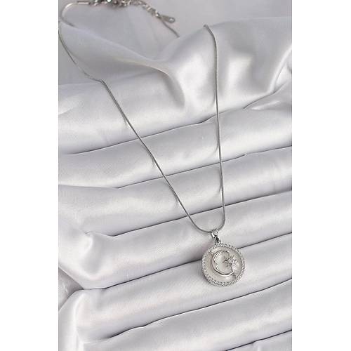 316L �elik G�m�� Renk Zincir Zirkon Ta� Detayl� Beyaz Sedefli Ay Y�ld�z ��leme Kad�n Kolye