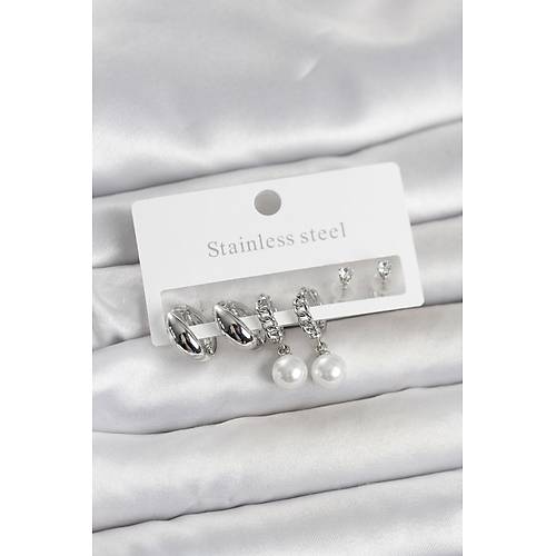 316L �elik G�m�� Renk inci Halka Detayl� Kad�n K�pe Seti