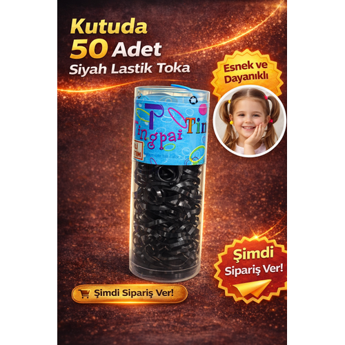 50 Adet Siyah Lastik Toka Seti Kutu ��inde Siyah Renkli Sa� Lasti�i �ocuk ve Kad�n Sa� Tokas�