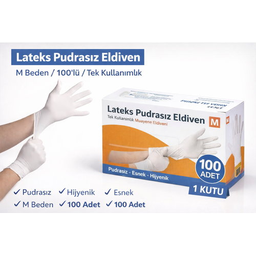 Lateks Pudras�z Eldiven M Beden 100'l� 1 Kutu � Tek Kullan�ml�k Elastik Muayene Eldiveni