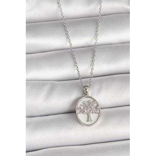 316L �elik G�m�� Renk Zincir Zirkon Ta� ��lemeli Beyaz Mineli A�a� ��lemeli Portre Model Kad�n Kolye