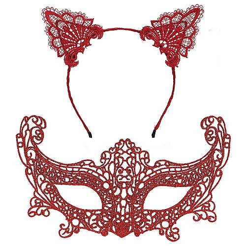 Romantik K�rm�z� Dantel Maske Seti � Kedi Kulakl� Ta� ve Maske 3 No