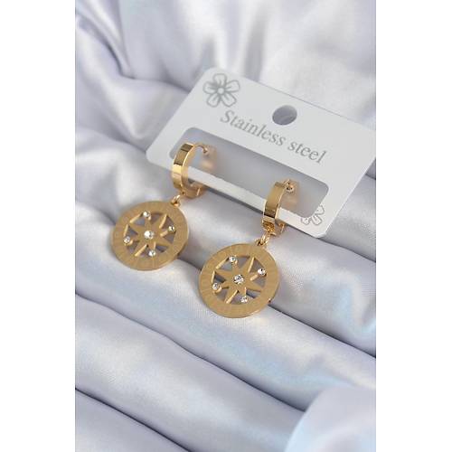 316L �elik Gold Renk Kutup Y�ld�z� Model ��leme Detay Zirkon Ta�l� Kad�n K�pe