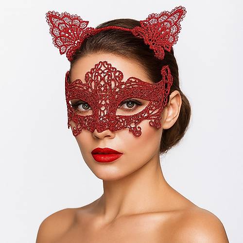 Romantik K�rm�z� Dantel Maske Seti � Kedi Kulakl� Ta� ve Maske 3 No