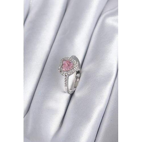 Pirin� G�m�� Renk Pembe Zirkon Ta� Kalp Charm Model Kad�n Y�z�k