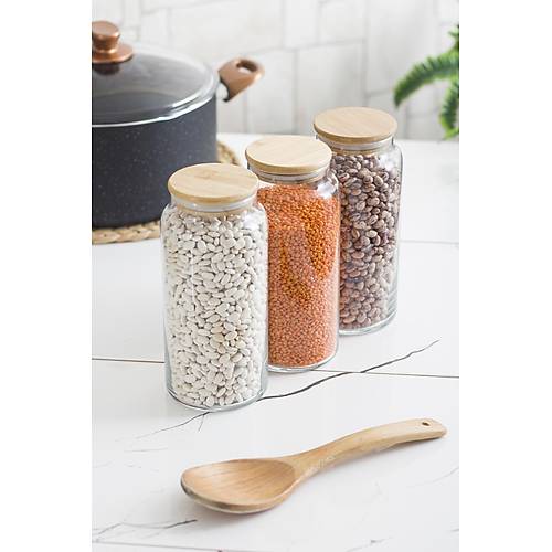 3'l� Bambu Kapakl� Cam Kavanoz & Erzak Saklama Kab� Seti 1.300 ml B�y�k Boy ( Vakum Kapak )