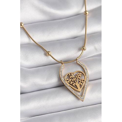316L �elik Gold Renk Zirkon Ta�l� Detayl� Kalp Fidan Model Kad�n Kolye