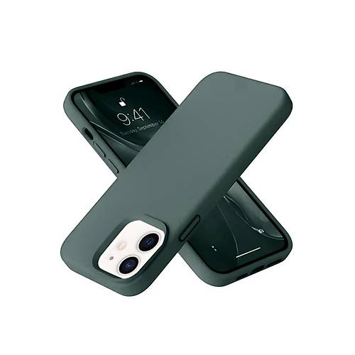 iPhone 12 K�l�f Nano i�i Kadife Silikon - Koyu Ye�il
