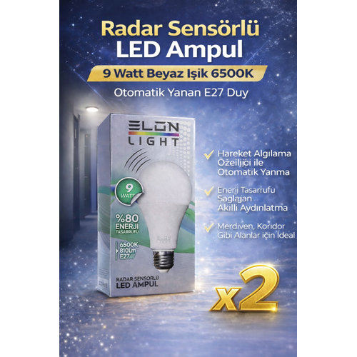 Radar Sens�rl� LED Ampul 9 Watt Beyaz I��k 6500K Otomatik Yanan E27 Duy 2 Adet