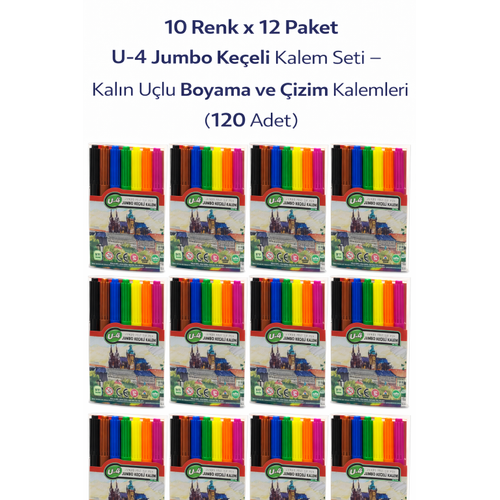 U-4 Jumbo Ke�eli Kalem 10 Renk x 12 Paket � Kal�n U�lu Boyama ve �izim Kalemi Seti (120 Adet)