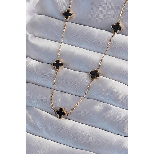 316L �elik Gold Renk Minimal Siyah Mineli Yonca Kolye
