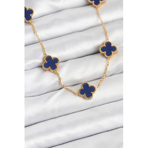 316L �elik Zincir Gold Renk Lacivert Yonca Kad�n Kolye