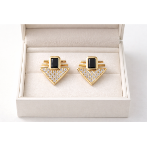 Serenay K�pe MODEL 8 � Siyah Ta�l� Geometrik Zirkon Detayl� Gold Renk �elik K�pe, Kararma Yapmaz