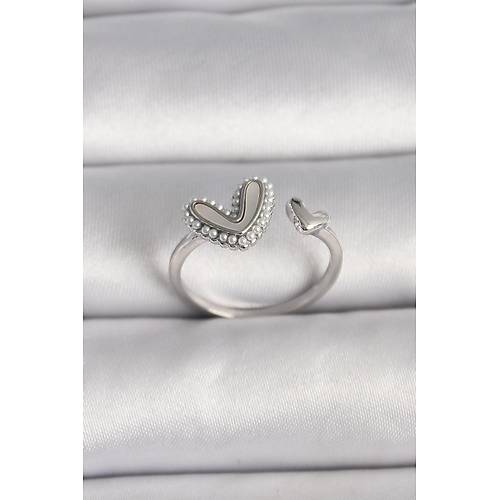 Pirin� G�m�� Renk Beyaz Mineli �nci Detayl� Kalp Model Ayarlanabilir Y�z�k