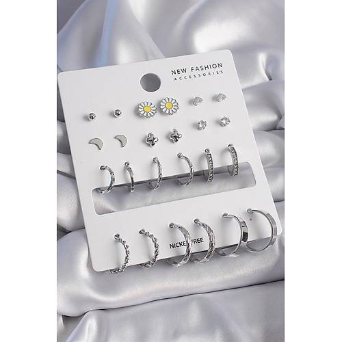 Pirin� G�m�� Renk Papatya Detayl� 12 �iftli Kad�n K�pe Seti