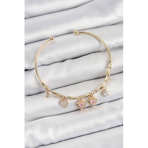 Pirin� Zirkon Ta�l� Pembe Kalp Model Gold Renk Charm Bileklik
