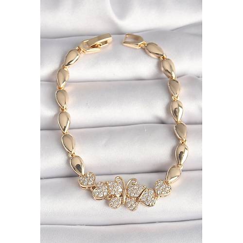 Pirin� Gold Renk Zirkon Ta�l� Kelebek Fig�r Damla Zincir Model Kad�n Bileklik
