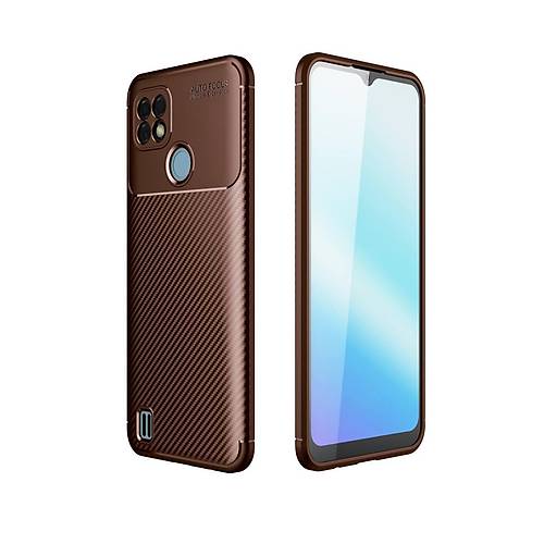 Realme C21 K�l�f Auto Focus Karbon Kapak - Kahverengi